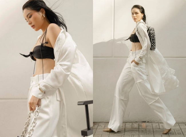 Sau khi công khai "trùng tu" vòng 1, Kỳ Duyên có phong cách thời trang táo bạo hơn hẳn. Người đẹp 9X không ngại mặc áo một gang tay gợi cảm.
