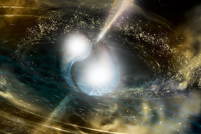 Một vụ hợp nhất 2 sao neutron - Ảnh: Quỹ Khoa học Quốc giaLIGO/Đại học Bang Sonoma/A. Simonnet