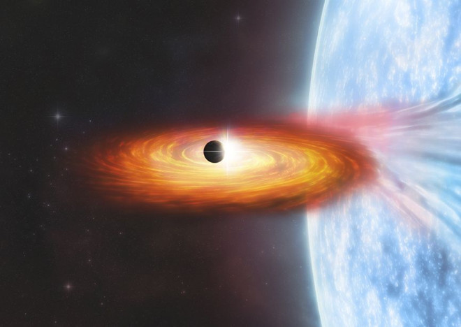 Ảnh đồ họa mô tả thế giới của một ngôi sao neutron và một lỗ đen, có thể chứa đựng một hành tinh thú vị quay quanh - Ảnh: NASA/CXC/M. Weiss