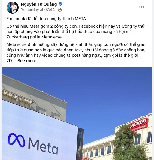 Ông Nguyễn Tử Quảng bình luận về việc công ty Facebook đổi tên thành Meta, nhanh chóng nhận về hàng ngàn lượt tương tác ngay trên mạng xã hội Facebook.