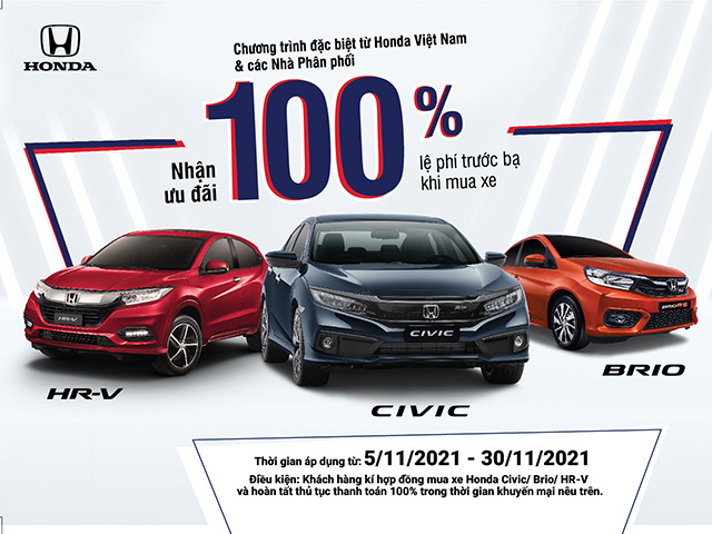 Ô tô - Hỗ trợ 100% lệ phí trước bạ cho khách hàng mua xe Honda Civic, HR-V và Brio trong tháng 11
