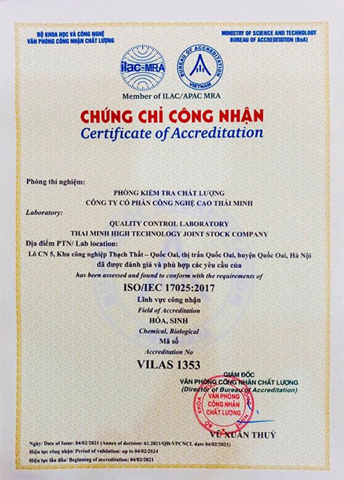 Chứng chỉ chứng nhận phòng kiểm nghiệm QC - Thái Minh Hitech đạt chất lượng Quốc tế ISO/IEC 17025