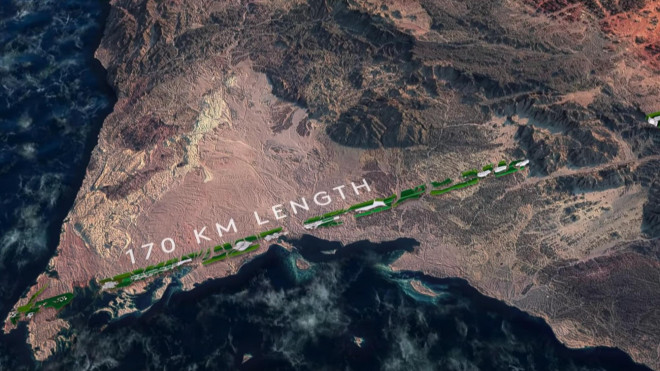 The Line là một chuỗi các khu dân cư sinh thái trải dài 170 km dọc bờ biển Đỏ, dự kiến sẽ có 1 triệu người sinh sống. Ảnh: NOEM
