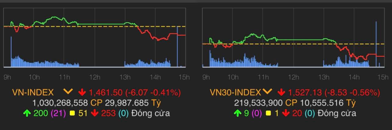 VN-Index giảm 6,07 điểm (0,41%) còn 1.461,5 điểm.