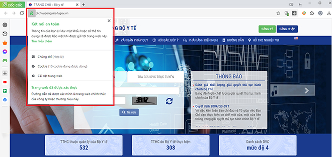 Đối với trình duyệt Cốc Cốc, biểu tượng ổ khóa xanh sẽ được hiển thị trước tên miền thuộc danh sách “xanh”.