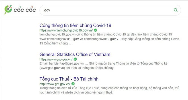 Đối với công cụ tìm kiếm Cốc Cốc, dấu tích xanh sẽ được hiển thị sau đường dẫn URL trên những website đã kiểm duyệt và xác thực.