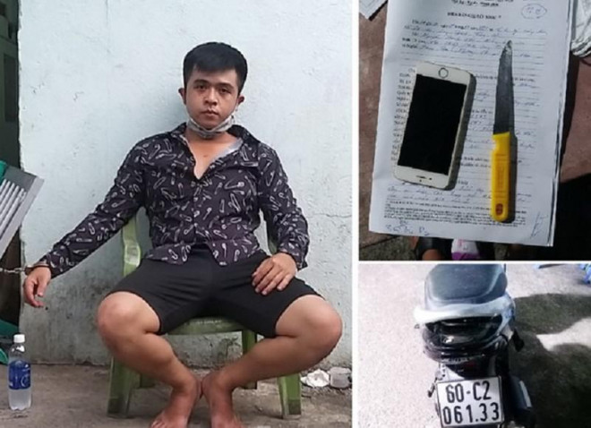 Trần Bảo Duy bị công an bắt giữ cùng chiếc xe và tang vật trong vụ cướp tại một Shop quần áo. Ảnh: AX.&nbsp;
