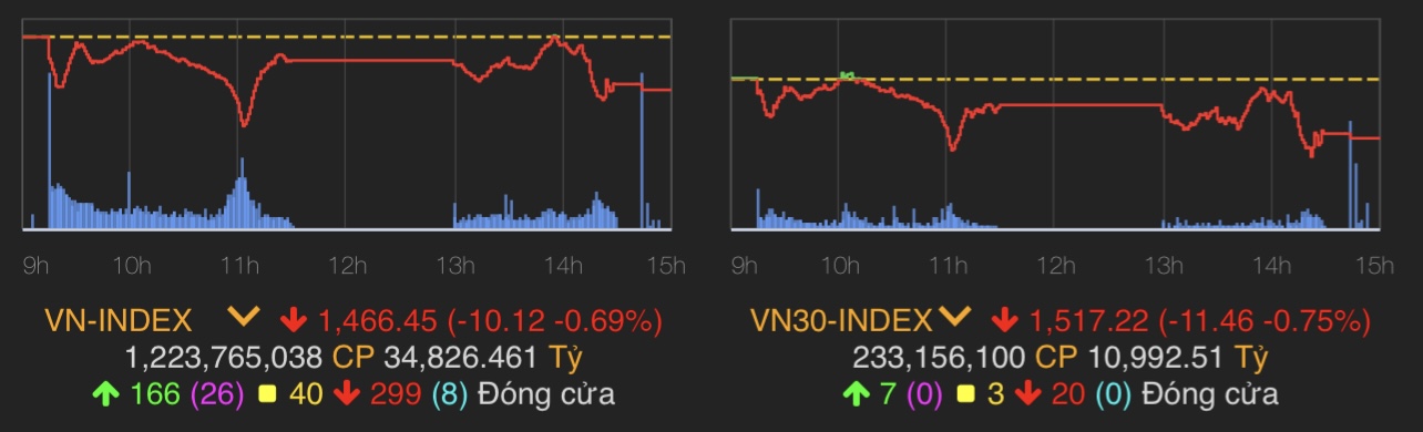 VN-Index giảm 10,12 điểm (0,69%) xuống 1.466,45 điểm.