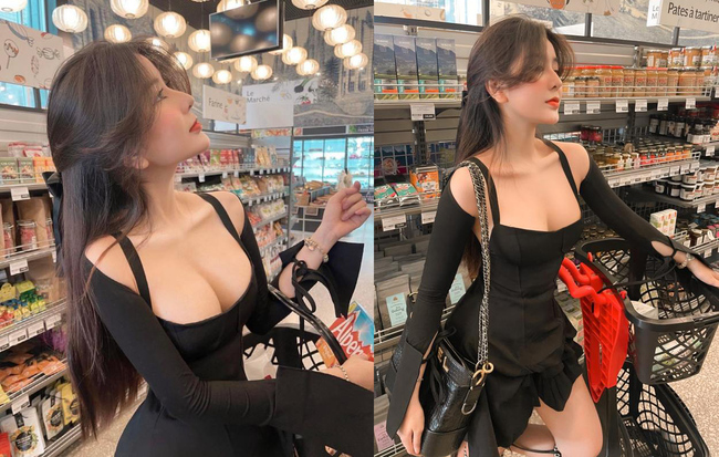 Hot girl Võ Ngọc Trân khoe vòng một nổi trội với váy khoét cổ sâu và rộng khi đi siêu thị, thu hút mọi ánh nhìn.
