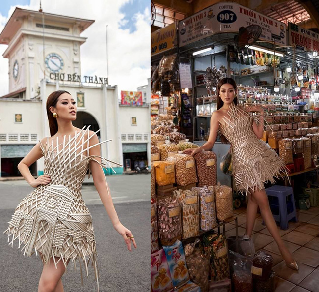 Hoa hậu Khánh Vân khoe sắc bên hàng bánh kẹo trong bộ trang phục đặc biệt lấy cảm hứng từ chợ Bến Thành.
