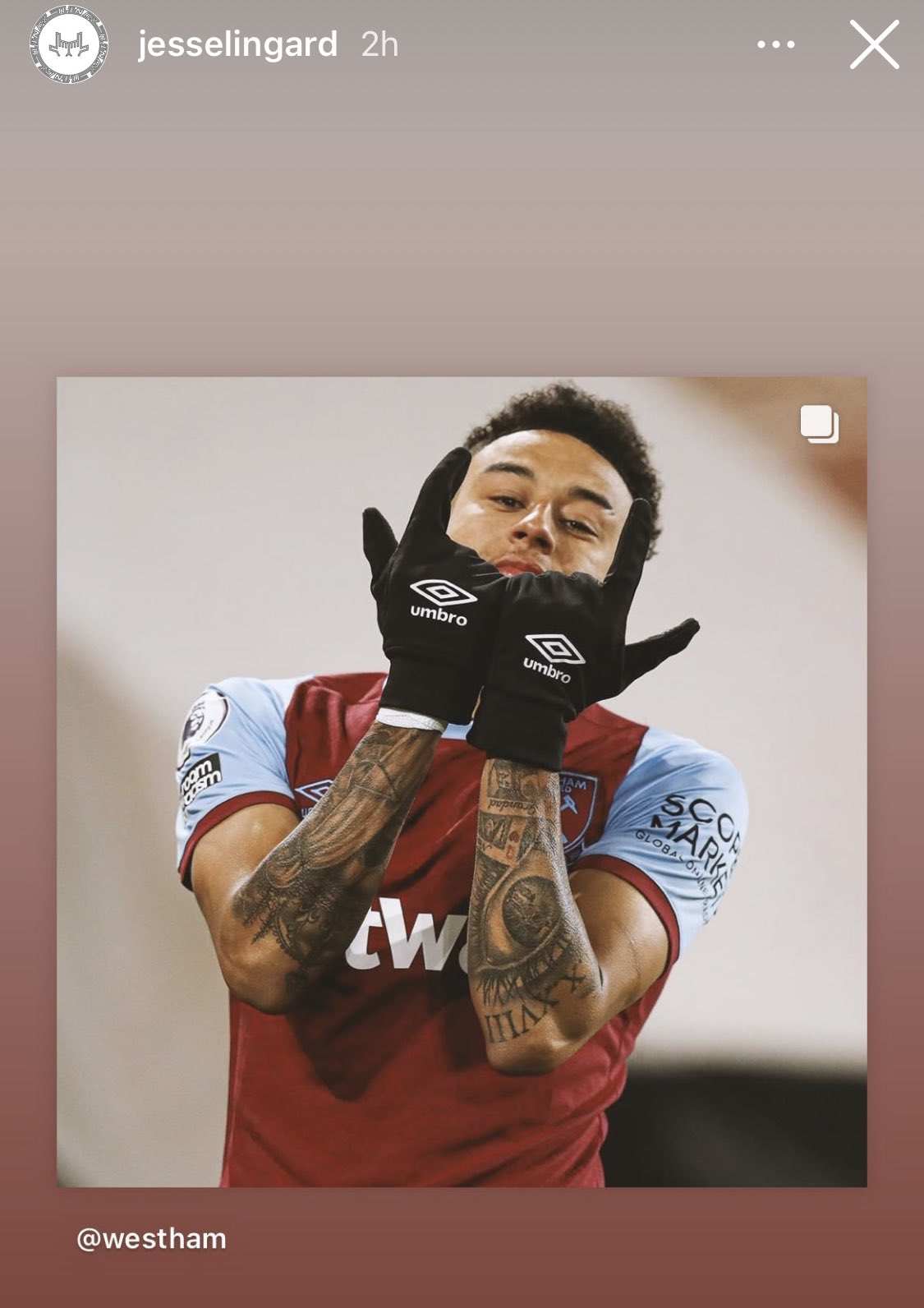 Lingard đăng ảnh mặc áo West Ham lên trang Instagram cá nhân