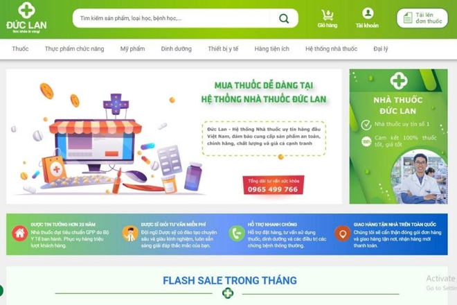 Giao diện trang đầu của website nhathuocduclan.vn