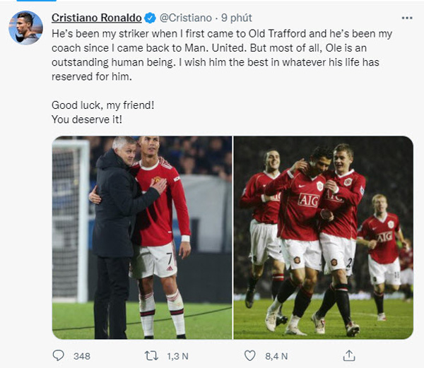 Ronaldo gửi lời tri ân tới Ole Solskjaer trên trang Twitter cá nhân