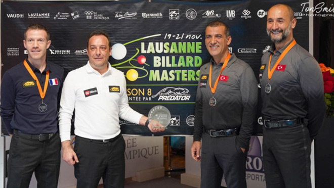 4 cơ thủ xuất sắc nhất&nbsp;Lausanne Billard Masters 2021 gồm: Jeremy Bury, Daniel Sanchez, Tayfun Tasdemir và Semih Sayginer (từ trái qua)