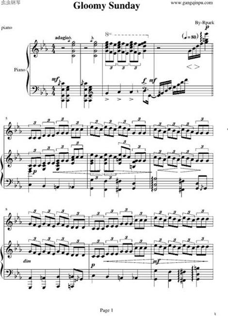 Phần đầu của bài hát "Chủ nhật buồn'