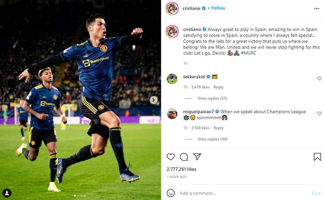 Ronaldo chia sẻ niềm vui trên Instagram sau trận đấu