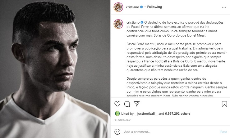 Ronaldo viết tâm thư vào thời điểm Messi đoạt Quả bóng vàng thứ 7