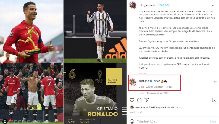 Tài khoản Instagram của Ronaldo để lại bình luận "Sự thật!" ở bài viết tố cáo Quả bóng vàng dành cho Messi là "trò bẩn"