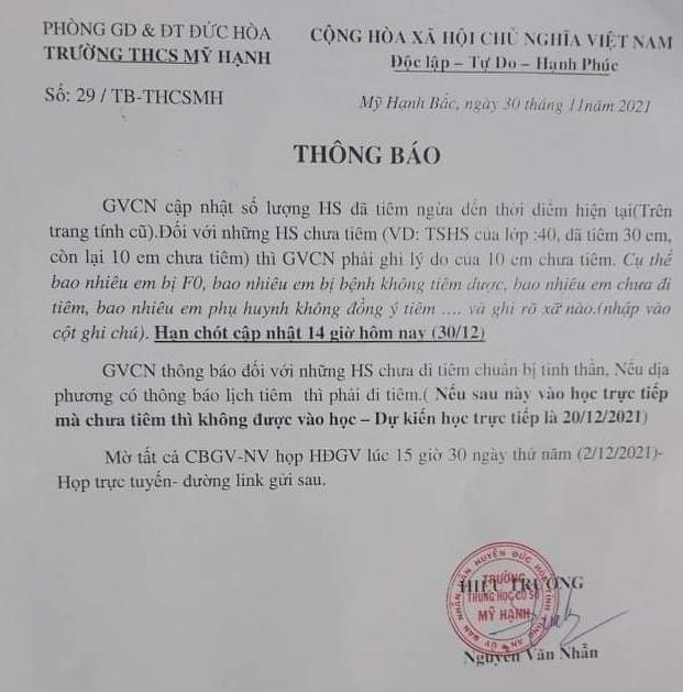 Thông báo của Hiệu trưởng Trường THCS Mỹ Hạnh gây xôn xao mạng xã hội