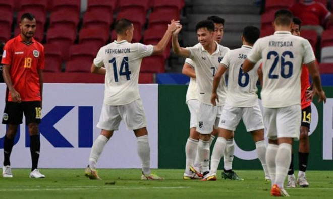 Supachok (số 7) ăn mừng bàn thắng ở phút 81 trận gặp Timor Leste Ảnh: Changsuek