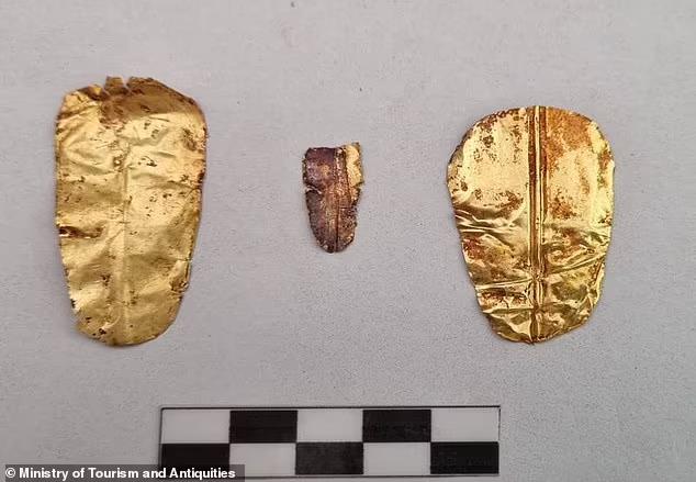 Hai chiếc lưỡi vàng lấy ra từ xác ướp - Ảnh: Bộ Du lịch và cổ vật Ai Cập
