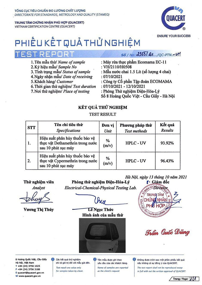 Kết quả kiểm nghiệm của Tổng cục Tiêu chuẩn Đo lường chất lượng giám định sản phẩm