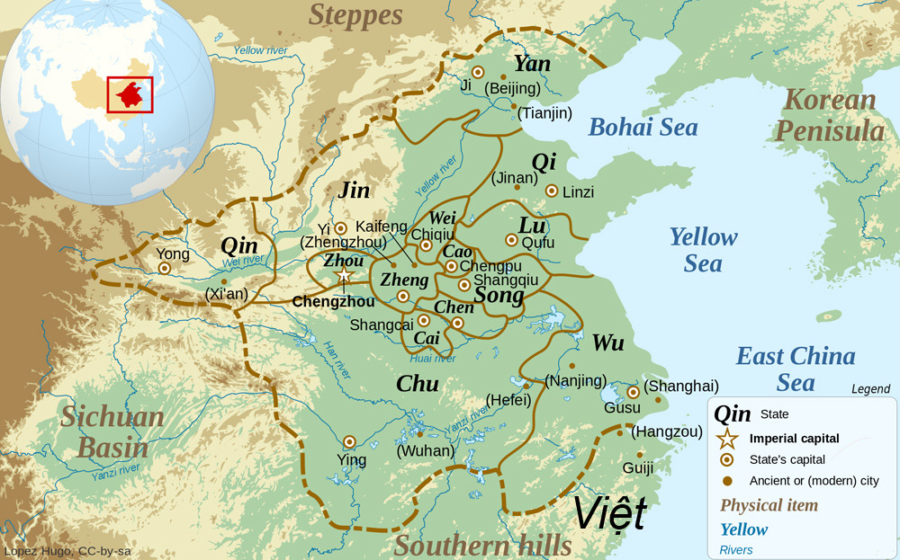 Bản đồ thời Xuân Thu với các nước Việt, Wu (Ngô), Lu (Lỗ), Qi (Tề), Chu (Sở), Song (Tống) (ảnh: Timetoast)