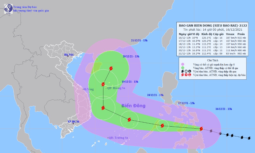 Vị trí và hướng di chuyển của siêu bão Rai. Ảnh: Trung tâm Dự báo KTTVQG.