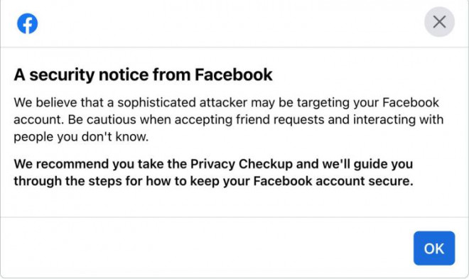 Một cảnh báo của Facebook về việc tài khoản đang bị theo dõi. Nguồn: Meta.&nbsp;