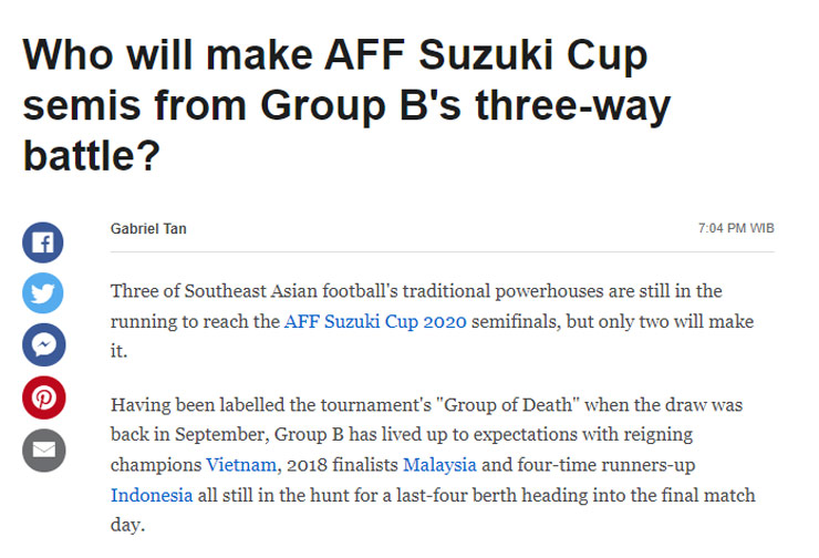 Cây viết Grabiel Tan của tờ ESPN gọi bảng B của AFF Cup 2021 là "bảng tử thần"
