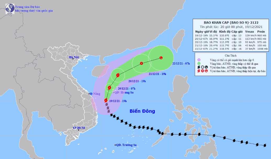 Vị trí và hướng di chuyển tiếp theo của bão số 9 Rai. Ảnh: Trung tâm Dự báo KTTVQG.