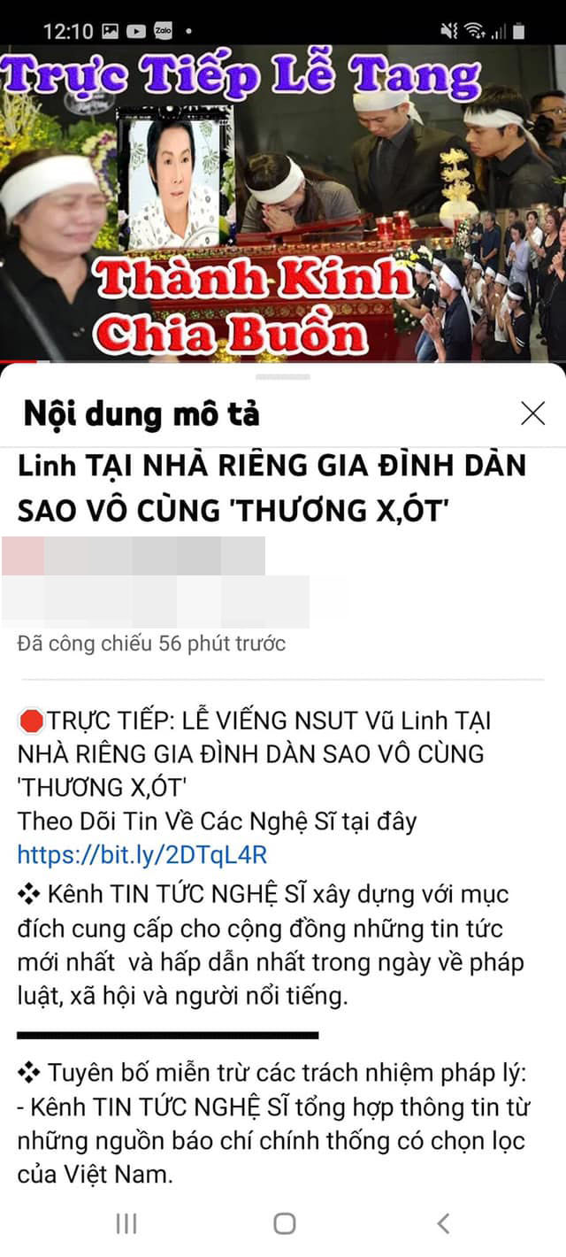 Tin giả về nghệ sĩ Vũ Linh khiến khán giả bức xúc