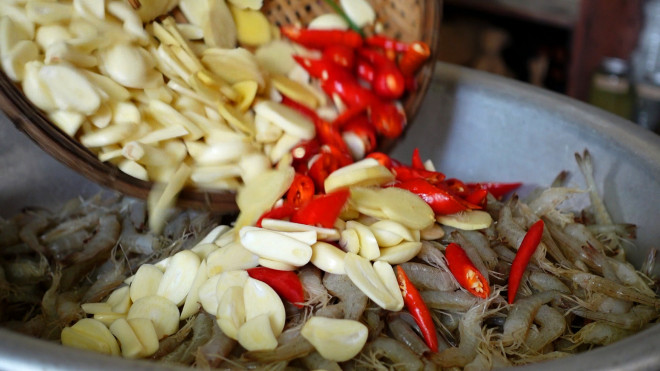 Tép bạc đất bỏ đầu bỏ cả chỉ đen trên thân và rửa sạch với nước nhiều lần, sau đó để ráo nước rồi cho ớt, tỏi, gừng xắt miếng mỏng vào ướp trộn đều.