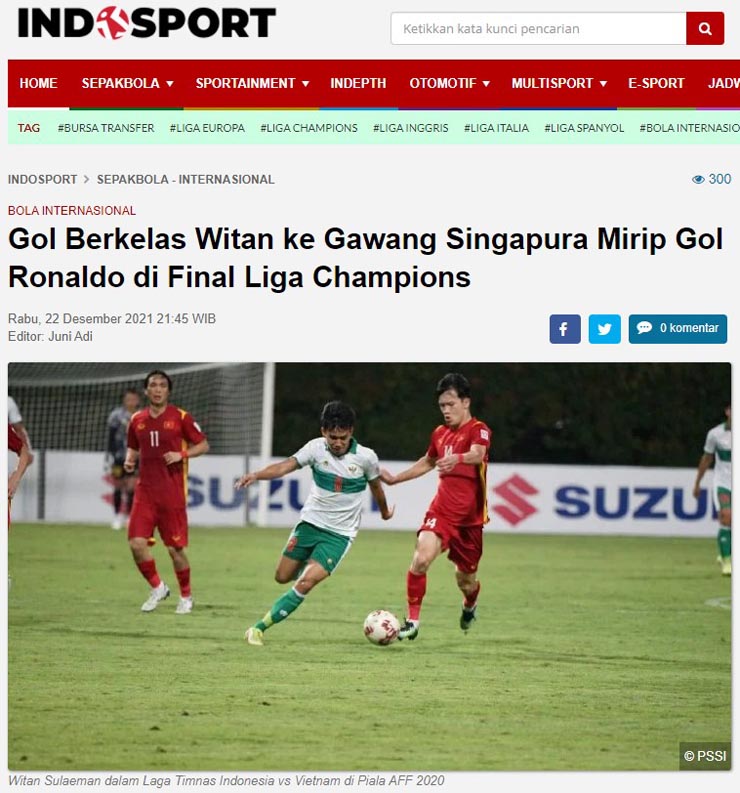 Tờ Indo Sport tự hào ví bàn thắng của Witan Sulaeman với pha lập công của Ronaldo