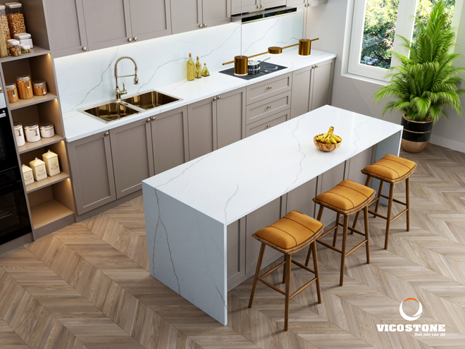 Không gian bếp thêm phần tươi mới với những chậu cây xanh mát (Nguồn: Vicostone)