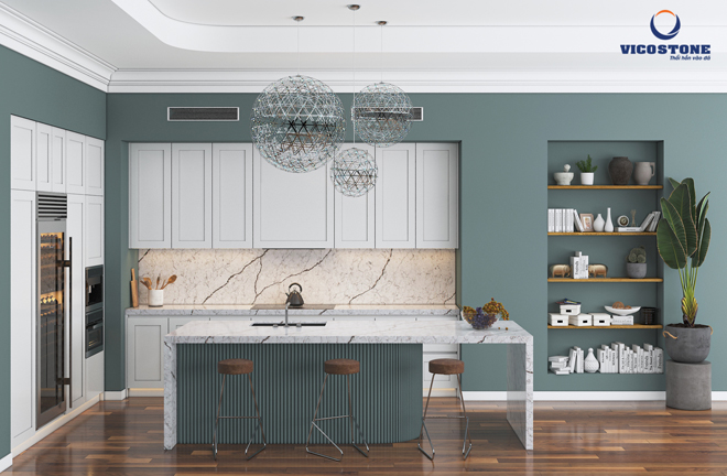 Không gian bếp gia đình ấn tượng và mới lạ hơn cả khi sử dụng mặt bàn đá VICOSTONE® Diamante BQ8788 nổi bật với những đường vân rạn như những tia sét đánh mạnh mẽ trải dài toàn tấm, mang lại điểm nhấn cuốn hút không thể rời mắt. Chắc chắn rằng trong dịp đầu xuân năm mới, các vị khách tới thăm nhà sẽ không khỏi trầm trồ và hết lời khen ngợi căn bếp trong mơ ấy.