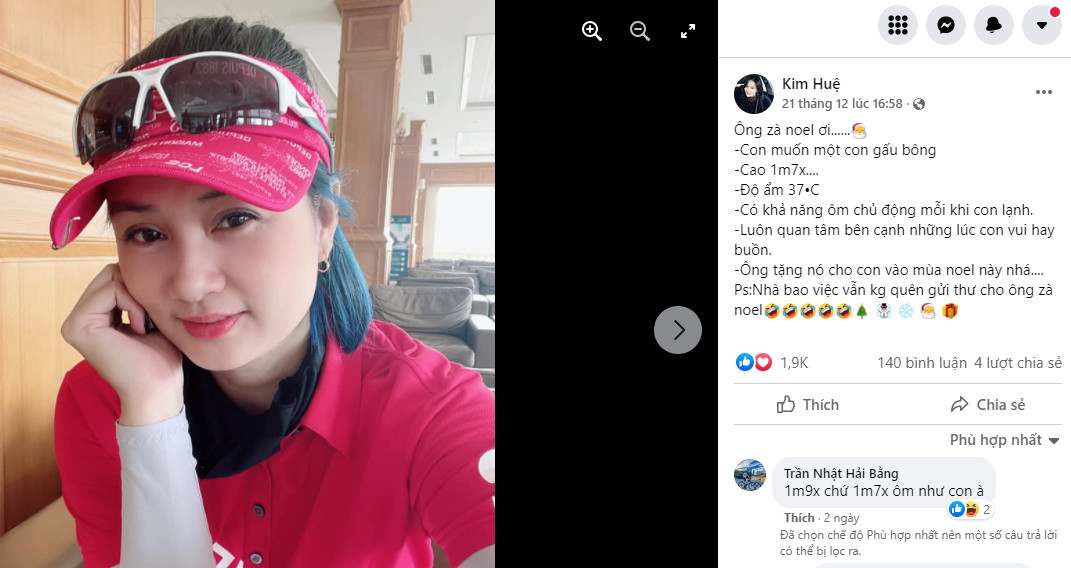 Kim Huệ đăng dòng trạng thái lên trang facebook cá nhân