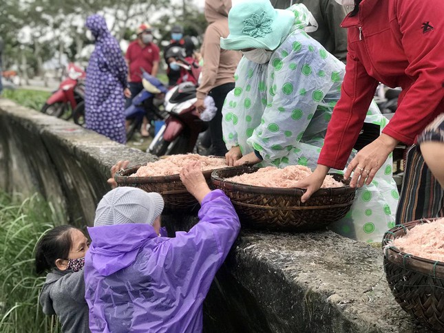 Tuy vậy theo anh Khang, một ngư dân trú ở phường Mân Thái, quận Sơn Trà chia sẻ, công việc đánh bắt ruốc nhìn dễ dàng nhưng cũng không kém phần nguy hiểm vì mùa này sóng biển khá lớn. Người đánh bắt đòi hỏi phải quan sát kĩ và nắm bắt được thời cơ thả lưới. Trong ảnh: Những người mẹ, người vợ của các ngư dân tranh thủ khiêng ruốc lên bờ