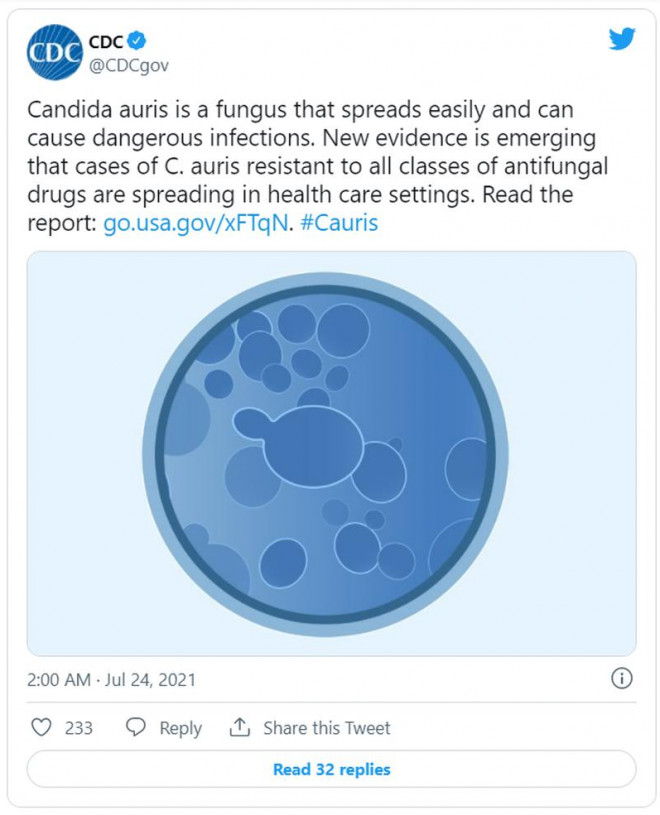 Trung tâm Kiểm soát và Phòng ngừa Dịch bệnh Mỹ cảnh báo bệnh nấm Candida auris có thể kháng lại mọi loại thuốc chống nấm. Ảnh: TWITTER