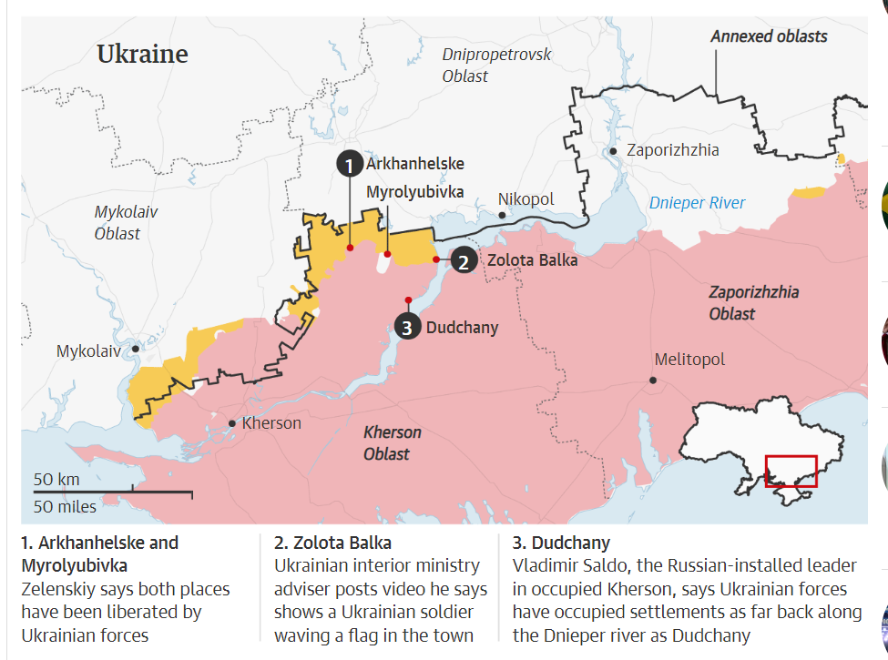 Bản đồ chiến sự vùng Kherson (ảnh: Guardian)
