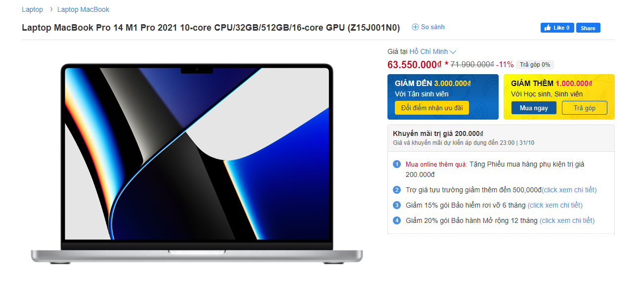 MacBook Pro 14 M1 Pro 2021 đang được giảm giá mạnh.