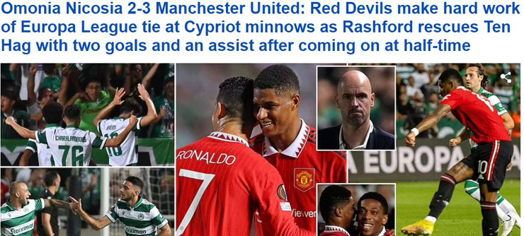 Tờ Daily Mail khen Marcus Rashford sắm vai người hùng giúp MU thắng Omonia Nicosia 3-2