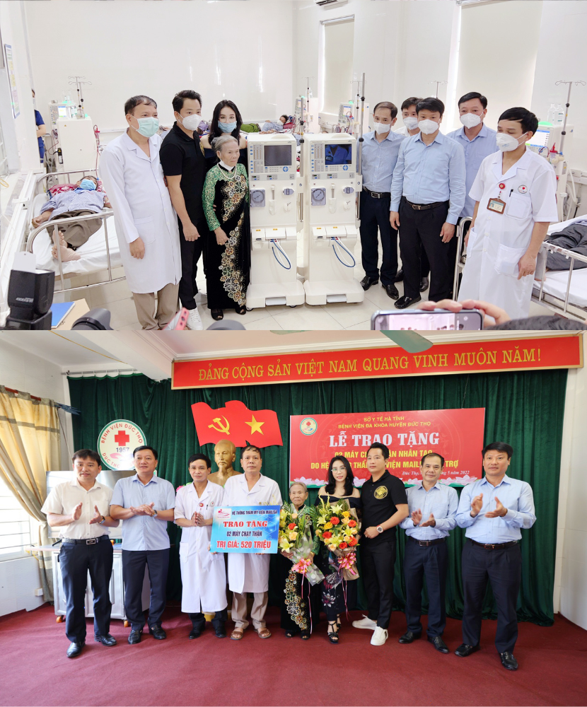 Chị Phan Thị Mai và anh Hoàng Kim Khánh trao tặng 2 máy chạy thận trị giá 520 triệu đồng