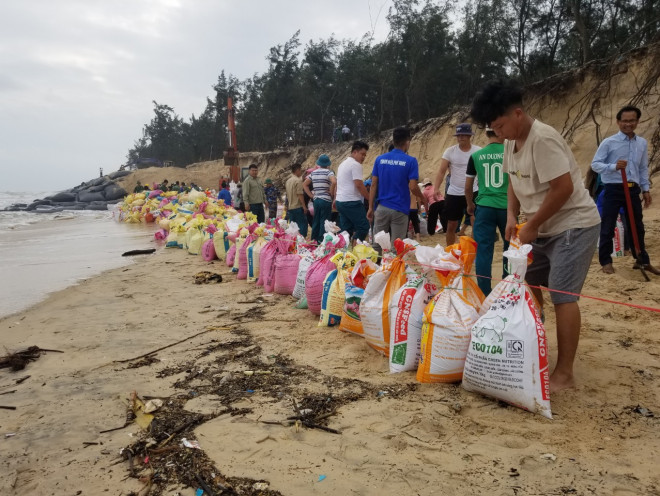 Những bao lác được vào cát để tạo thành bờ đê cản sự xâm thực của biển.