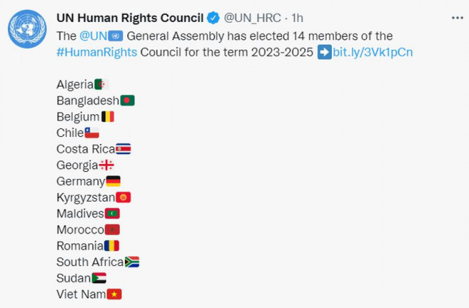 Việt Nam góp mặt trong danh sách 14 nước thành viên Hội đồng Nhân quyền Liên Hợp Quốc nhiệm kỳ 2023-2025. Ảnh chụp màn hình Twitter của Hội đồng Nhân quyền LHQ
