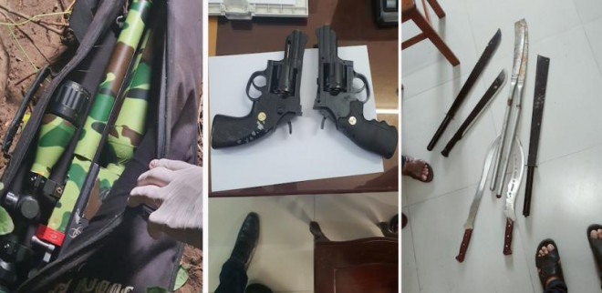 Súng tự chế và hung khí khác được cơ quan công an thu giữ.