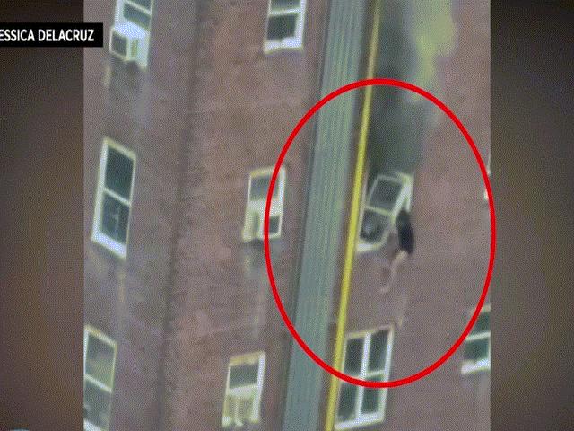 Mỹ: Thót tim cảnh 2 người trèo khỏi căn hộ tầng 4 bốc cháy, tụt xuống như phim hành động