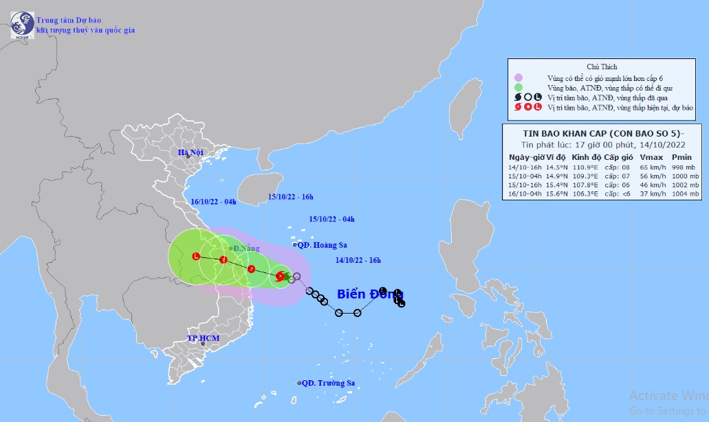 Vị trí và hướng di chuyển tiếp theo của bão số 5 Sơn Ca. (Ảnh: Trung tâm Dự báo KTTVQG)