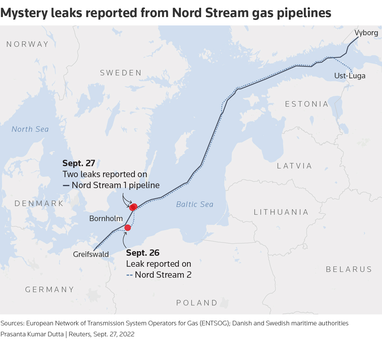 Bản đồ khu vực xảy ra rò rỉ ở 2 đường ống Nord Stream (ảnh: DW)
