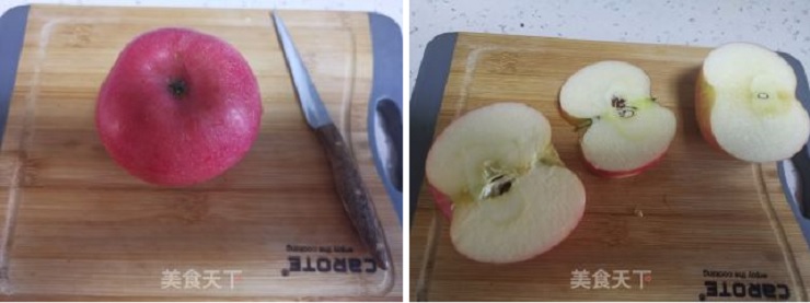 Chuẩn bị 1 quả táo đỏ. Cắt làm 3, phần lõi ở giữa là một lát mỏng để làm đầu thiên nga.